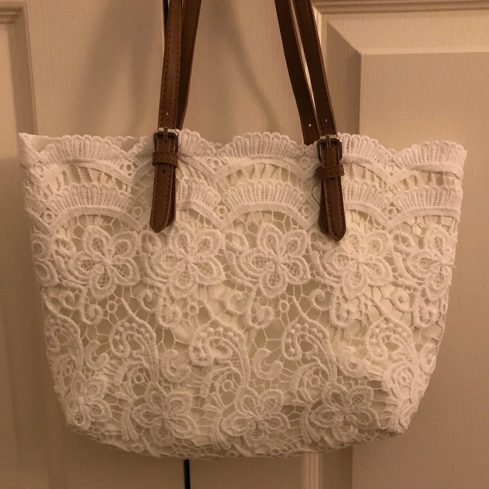 White Lace Tote Bag with Brown Handles